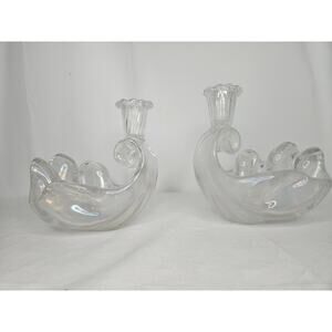Vtg Murano Barovier Glass Ribbed Shell Candle Stick Holder Iridescent Bowl Set 2